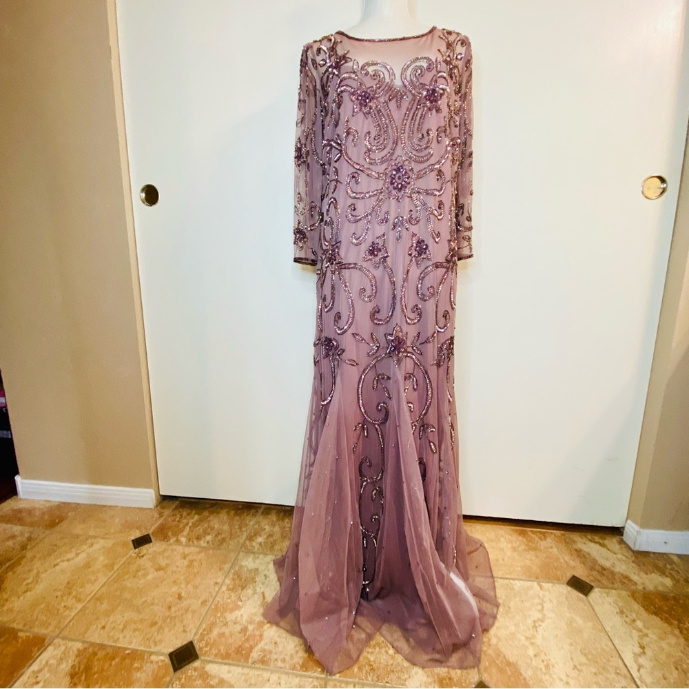 Pisarro Nights Mauve Beaded Illusion Neck Gown